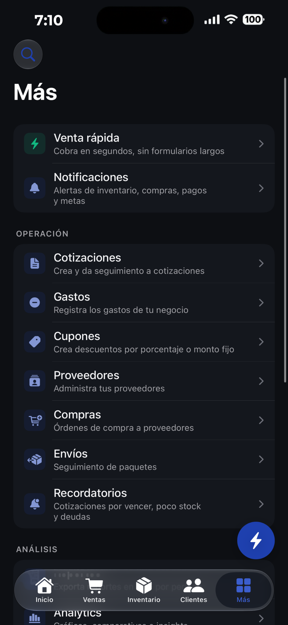 Pantalla Más de Vekran 1.1